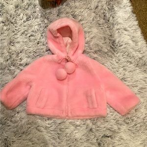STORYBOOK HEIRLOOMS GIRLS PINK FURRY HOODED POM POM TIE FULLY LINED COAT. SZ 3T